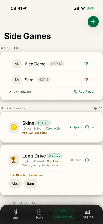 AleaGolf Side Games tab during a Skins round: signed standings, each skin as it landed, and a live carried pot