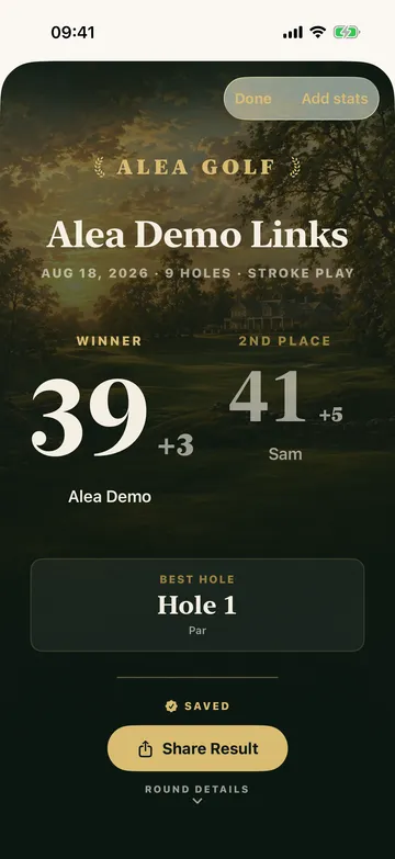 AleaGolf round result screen after a Skins round